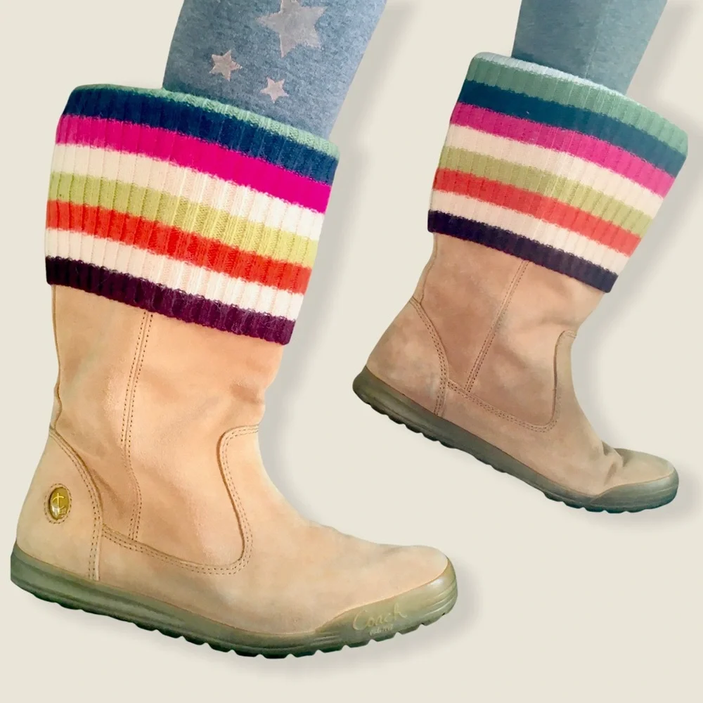 Coach Suede Leather Boots Tatum Multi Color Stripes Wool Cuff Womens 6.5 - Picture 5 of 8